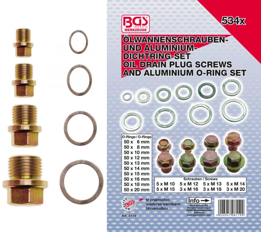BGS technic Olajleersztő csavar és aluminium O gyűrű készlet 534 r (BGS 8119) Legkelendőbb