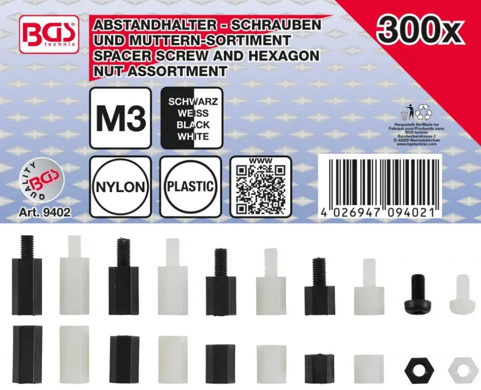 BGS technic Távtartó csavar és hatszögletű csavaranya készlet | nejlon | 300 darabos (BGS 9402) Akciós ár
