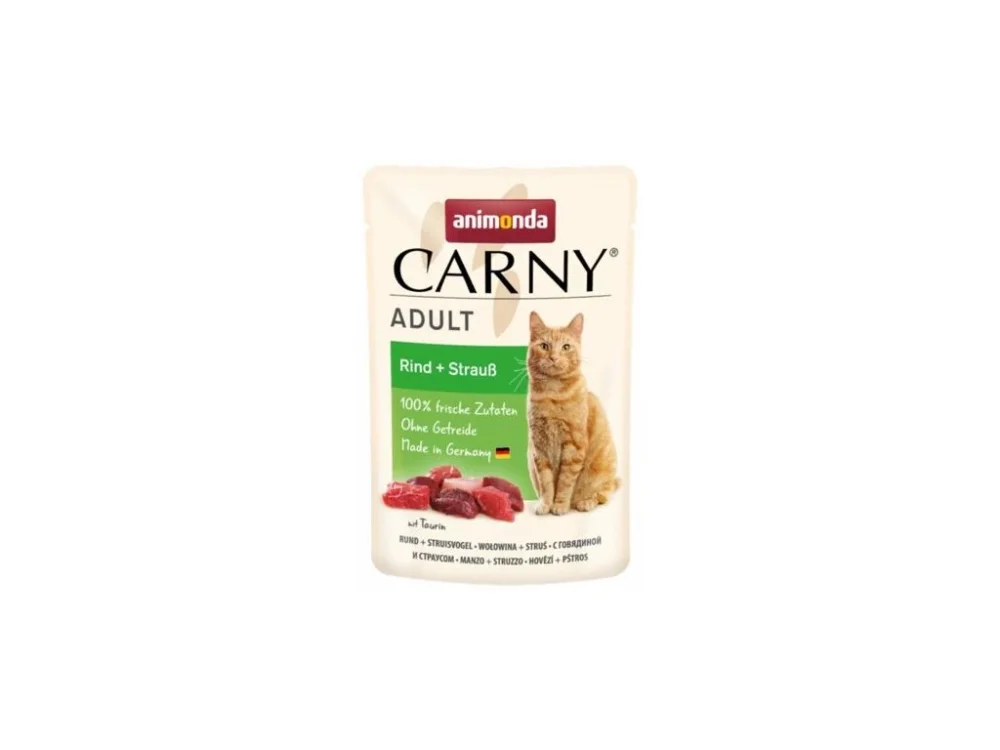 Exkluzív ajánlat Carny Adult 85 g marha + strucc, tasak macskáknak
