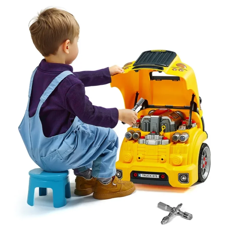 Végkiárusítás Motor Játék, 60 Darabos, Gyerek Autószerelő Javító Készlet Kivehető Alkatrészekkel, Fényekkel és Hangokkal, Kormánykerékkel és Kürttel, Gyerek Autószerelő Műhely Készlet 3 Éves Kortól, Sárga