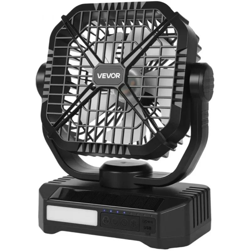 10400mAh napelemes ventilátor, kempingventilátor napelemmel és LED lámpával, 7 W-os 20 cm-es hordozható újratölthető akkumulátorral kültéri használatra, 4 sebességes és csendes működésű piknikezéshez, grillezéshez, horgászathoz, utazáshoz Ingyenes szállítás